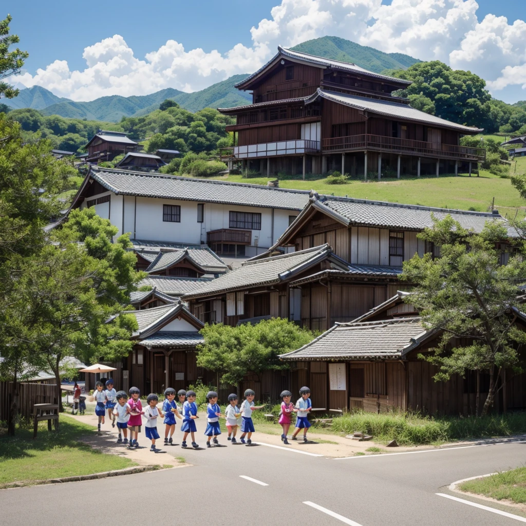 Village countryside,Boys and Girls、road,primary school student、choosing sweets、((Showa))、fun、Lively