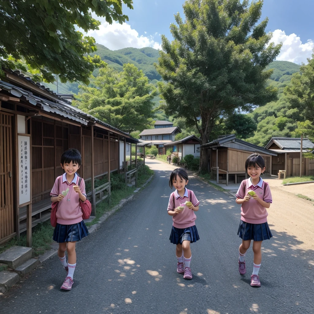 Village countryside,Boys and Girls、road,primary school student、choosing sweets、((Showa))、fun、Lively