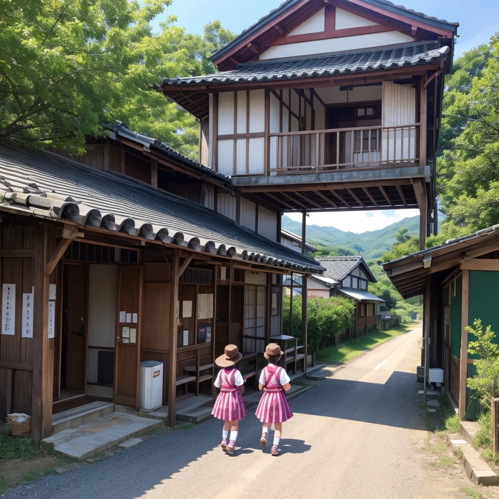 Village countryside,Boys and Girls、road,primary school student、choosing sweets、((Showa))、fun、Lively