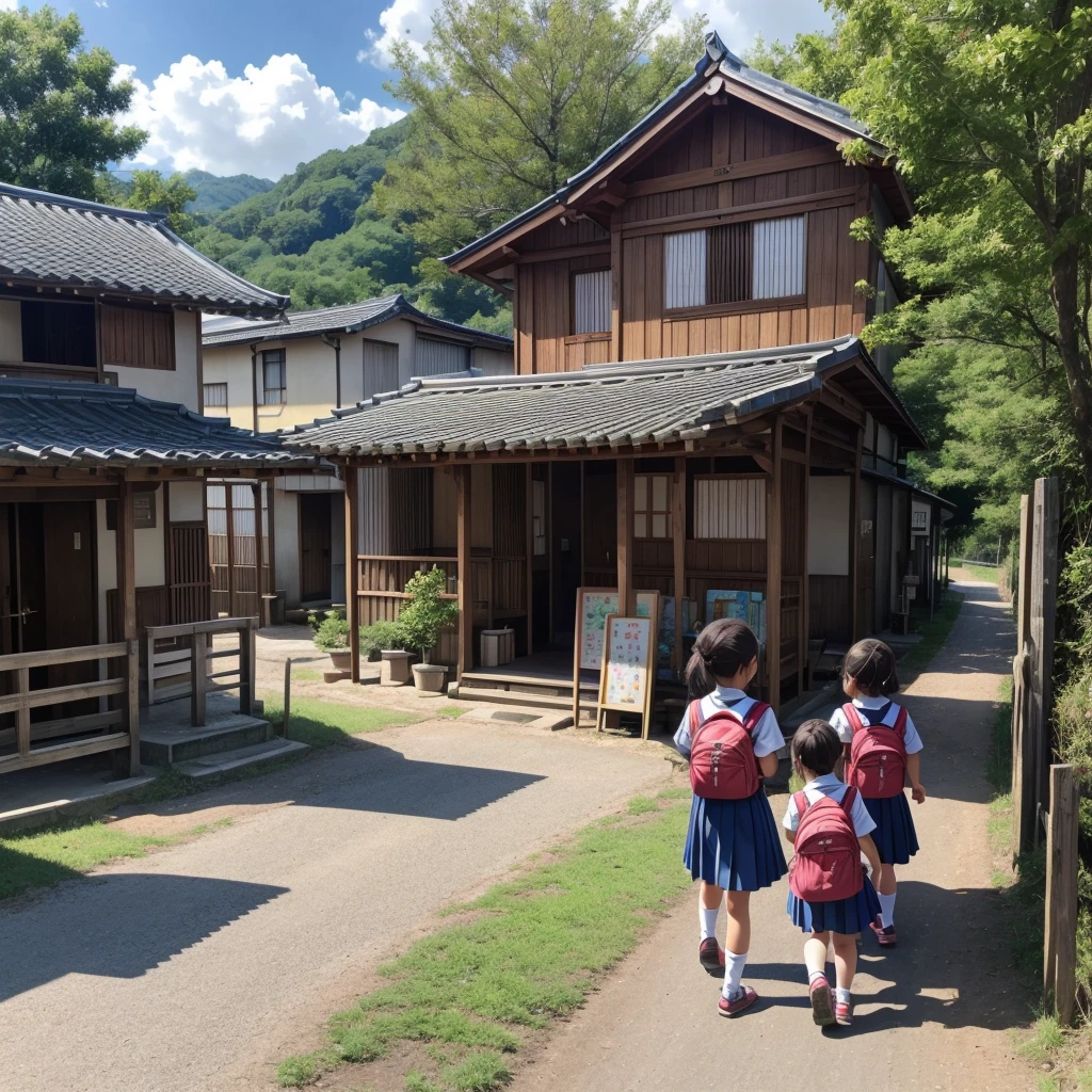 Village countryside,Boys and Girls、road,primary school student、choosing sweets、((Showa))、fun、Lively
