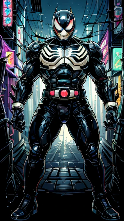 (8k),(masterpiece),(Japanese),(8-year-old boy),((innocent look)),((Childish)),From the front,smile,cute,Innocent,Kind eyes,Flat chest, black helmet, black domino mask, white mask, Venom,Bald,No Hair, Henshin Pose,night,dark, Neon light cyberpunk city,Kamen rider,camisa