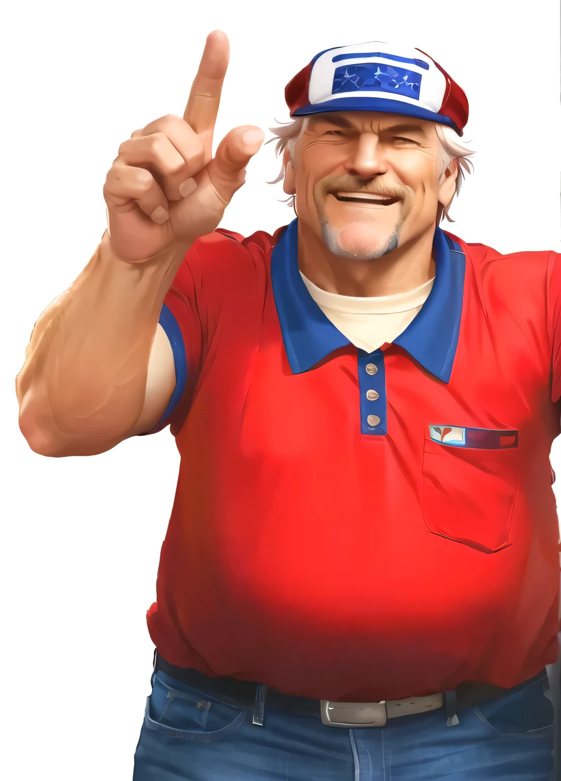 a close up of a man in his 60s wearing a red shirt and blue jeans, rising index finger, as a character in tekken, beefy, realistic textures, jeff bridges with a goatee, best friend opening the mouth as to say "eureka!", happy, Out Run 2 flagman, 2 k, 2k, muscular bernie sanders, buff man, character from king of fighters, robust stocky body, hide the pain harold, name of character is flagman, wise face, his cap has a SEGA logo on it, (short GREY hair)