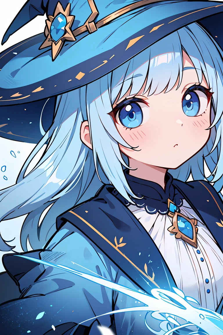 Highly detailed CG synthesis 8k wallpaper, Very beautiful 8K CG wallpaper, Absurd， ，Highest quality ，Ultra-detailed ，Beautiful Face  ，masterpiece、masterpiece、Best image quality、Highest quality、Straight Bangs、Blue Hair、Light blue witch costume、Witch Hat、Bright blue face、Both sides up、Bright Blue Eyes、cute