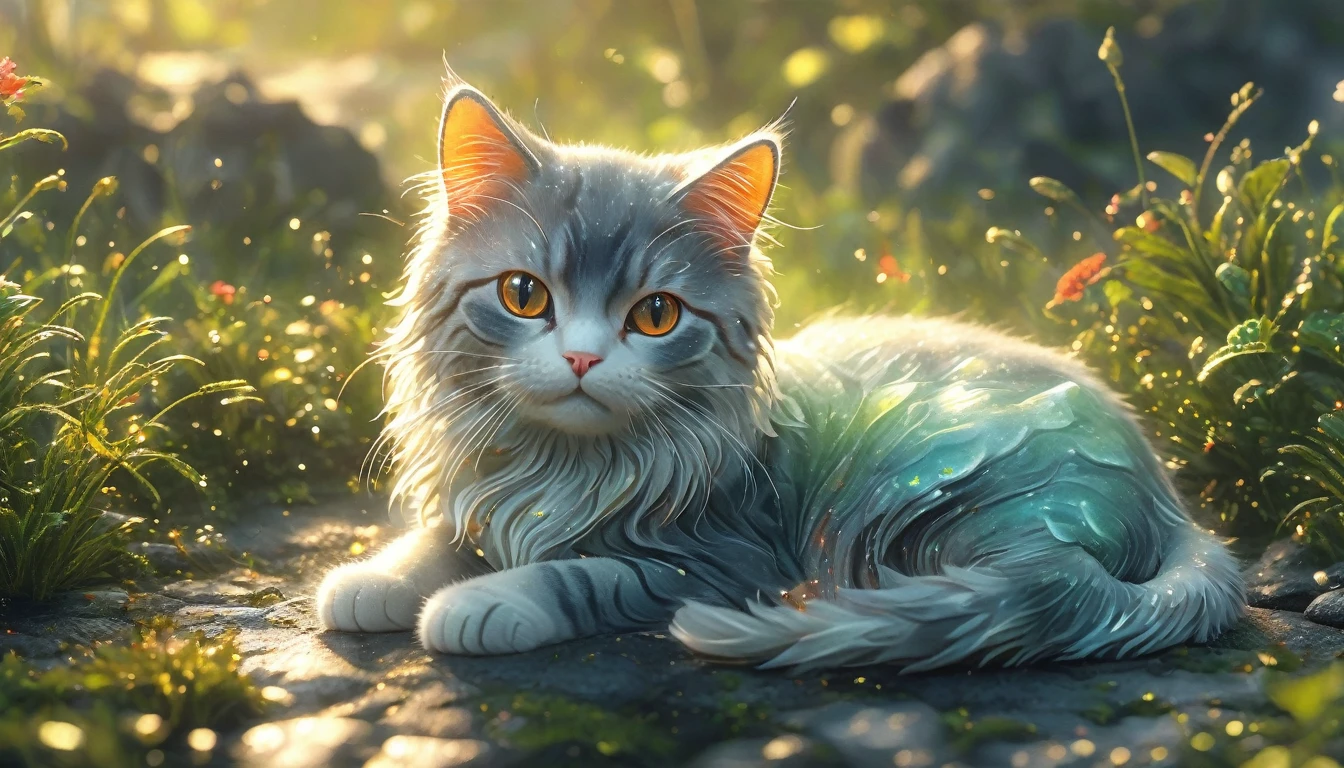 best quality, very good, 16K, ridiculous, Extremely detailed, Lovely(((Cat:1.3)))，Made of translucent boiling lava, Background grassland（（A masterpiece full of fantasy elements）））， （（best quality））， （（Intricate details））（8k）