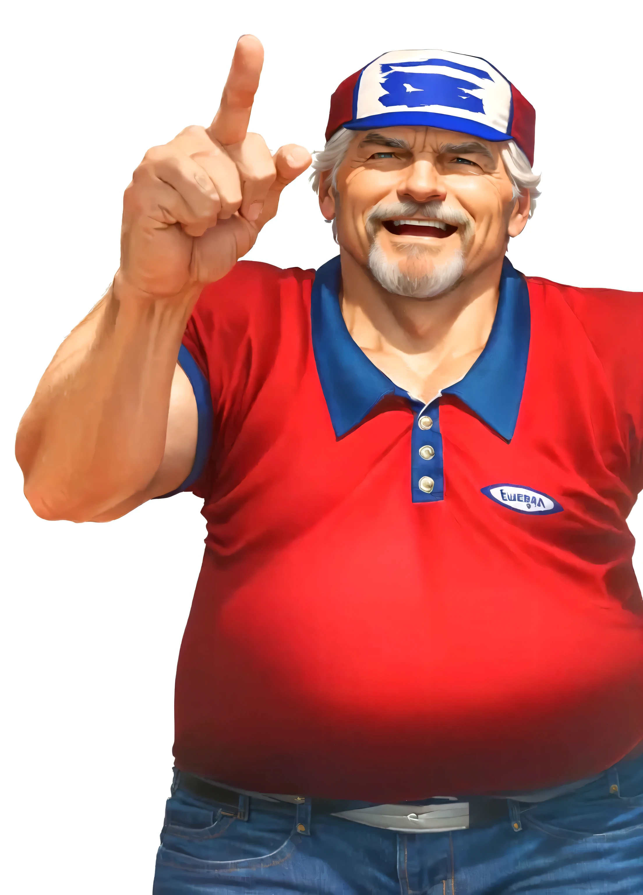 a close up of a man in his 60s wearing a red shirt and blue jeans, rising index finger, as a character in tekken, beefy, realistic textures, jeff bridges with a goatee, best friend opening the mouth as to say "eureka!", happy, Out Run 2 flagman, 2 k, 2k, muscular bernie sanders, buff man, character from king of fighters, robust stocky body, hide the pain harold, name of character is flagman, wise face, his cap has a SEGA logo on it, (short GREY hair)