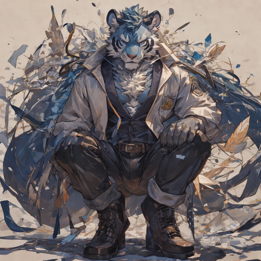 {{bara extremely handsome white tiger,}} {{white fur,}} white, wearing elegant ornate suit jacket, trousers, white dress shirt and necktie, white fluffy furry body and limbs, loafers, very tall, very broad shoulders, narrow waist, muscular arms, massive pecs, purple eyes, very long legs, massive bulge, sophisticated hot look, 3/4 view, best quality, high detail, CG image, character splash art, silver earring on left ear, sultry smirk