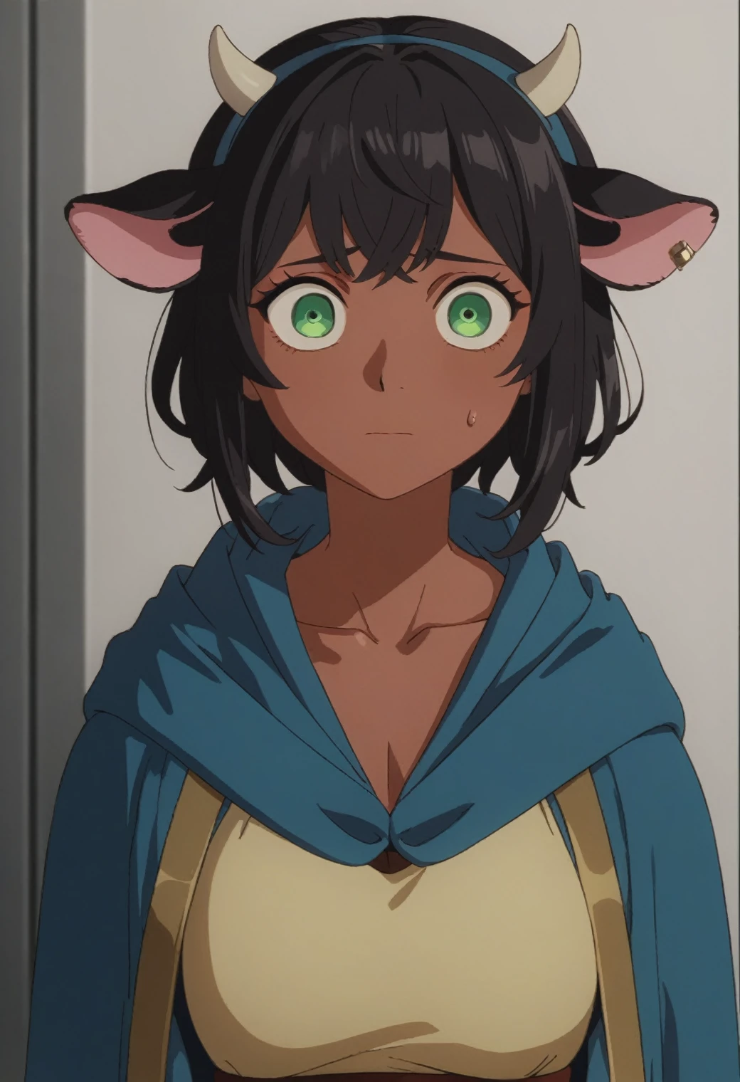 source_anime, score_9, score_8_up, score_7_up, rating_excplicit, 1girl, solo, dark skin, looking at viewer, dark-skinned female, male focus,closed mouth, 1boy, wide-eyed, bangs, cloak, hood, upper body, robe, androgynous, hood down, cow ears, cow girl, shy, large bust