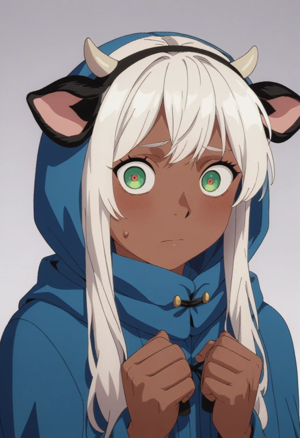 source_anime, score_9, score_8_up, score_7_up, rating_excplicit, 1girl, solo, dark skin, looking at viewer, dark-skinned female, male focus,closed mouth, 1boy, wide-eyed, bangs, cloak, hood, upper body, robe, androgynous, hood down, cow ears, cow girl, shy, large bust