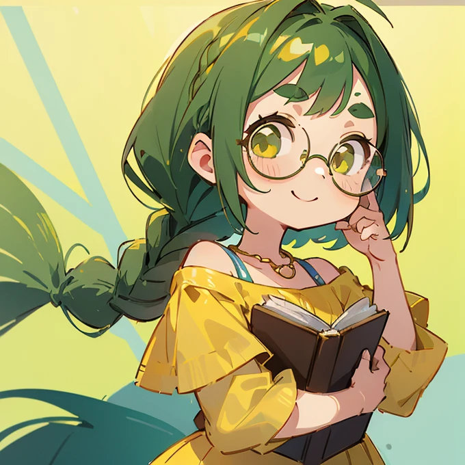 (masterpiece, Highest quality:1.2), (2 head body chibi character:1.1), One Girl, Yellow-green hair, Braided Hair, Top of the head, Yellow-green eyes, Yellow off-shoulder blouse, Denim shorts, Short bangs, Thick eyebrows, Round necklace, Cute atmosphere, Holding a book, Wear glasses, smile, (Photo studio with blue background:1.0)