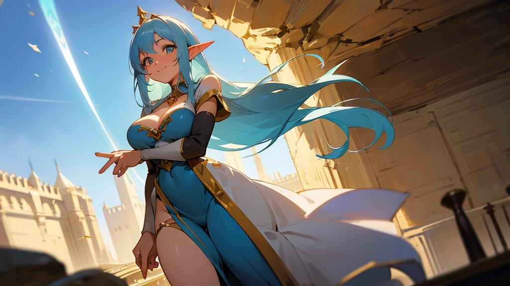 Anime Style,Nostalgic,Detailed background,The medieval world,A palace-like cave,A beautiful smiling bard elf with light blue hair,Large Breasts,Healthy thighs,Underarm,M-shaped legs
