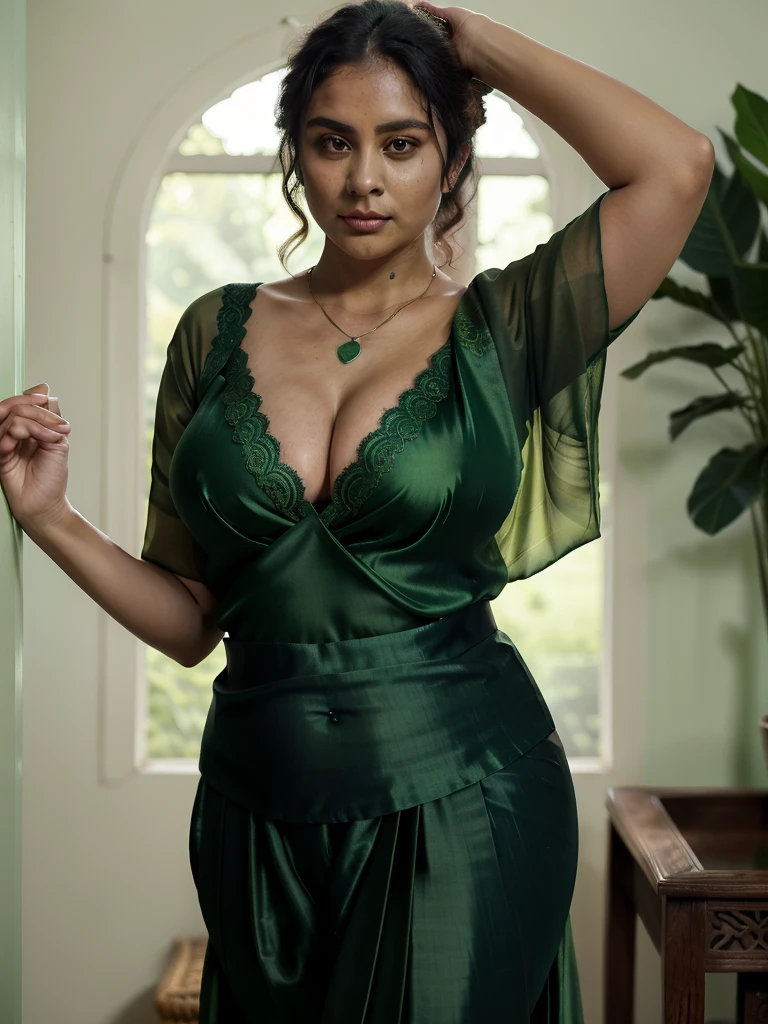 A woman round neck women blouse and saree, angle face,fair face,round face, beautiful face,big cheeks, curvy, hourglass figure, swooping breasts, deep cleavage, open arms, sexy armpits,big penis, nipples, ass, necklace, (cinematic:1.3),a woman in a green blouse and white pants, an elegant green, ( ( dark green, jade green, dark green, satin, very beautiful enga style, green clothes, fancy top, aurora green, green shirt, green clothing, wearing a blouse, lace, traditional beauty, ornate dark green clothing, beautiful design, silk, deep green, olive green, #green