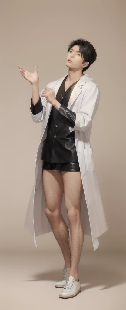 (Fair skin),((white lab coat)), (black hoodie underneath),Iris,(gender: Natural Face),(Japanese),(leather shoes),long body,handsome young asian man, Japanese idol style, short clean-cut hair, (center part), calm confident expression, hands in lab coat pockets, plain white background, portrait, high quality, detailed, 8K