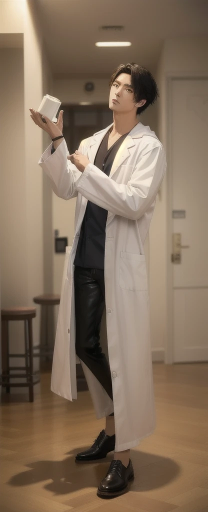 (Fair skin),((white lab coat)), (black hoodie underneath),Iris,(gender: Natural Face),(Japanese),(leather shoes),long body,handsome young asian man, Japanese idol style, short clean-cut hair, (center part), calm confident expression, hands in lab coat pockets, plain white background, portrait, high quality, detailed, 8K