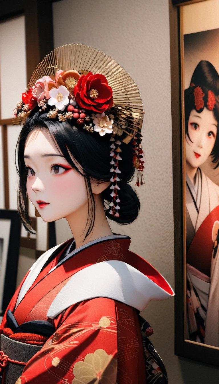 A -yeld press wearing a red kimono and a flower crown, traditional geisha clothing, Japanese women, Wearing Imperial Kimono, Japanese Geisha, photo portrait, female geisha girl, elegant japanese kimono, In kimono, Traditional beauty, Wearing kimono and armor, Portrait of a Geisha, wearing a haori, 　（She gets an old man&#39;s dick shoved in her pussy）Intense sex　Japanese Princess Sex