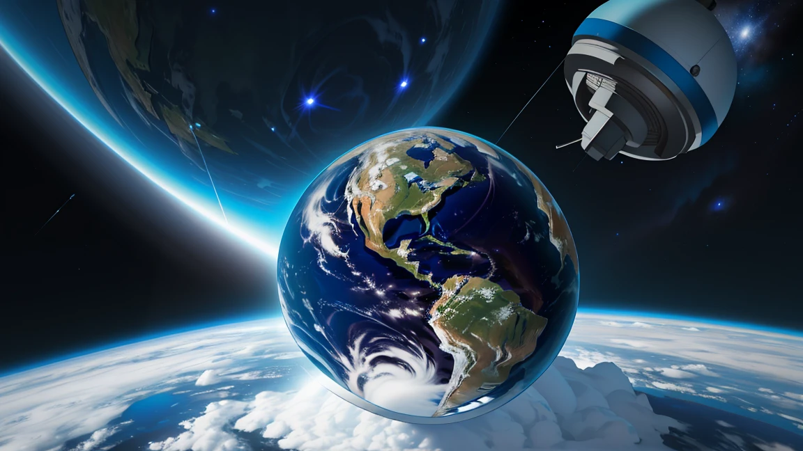 close-up view of the Earth from space, covered in ice, Earth is depicted as a sphere, with a blue atmosphere surrounding it, background is a dark blue space with scattered stars, the earth spinning slowly