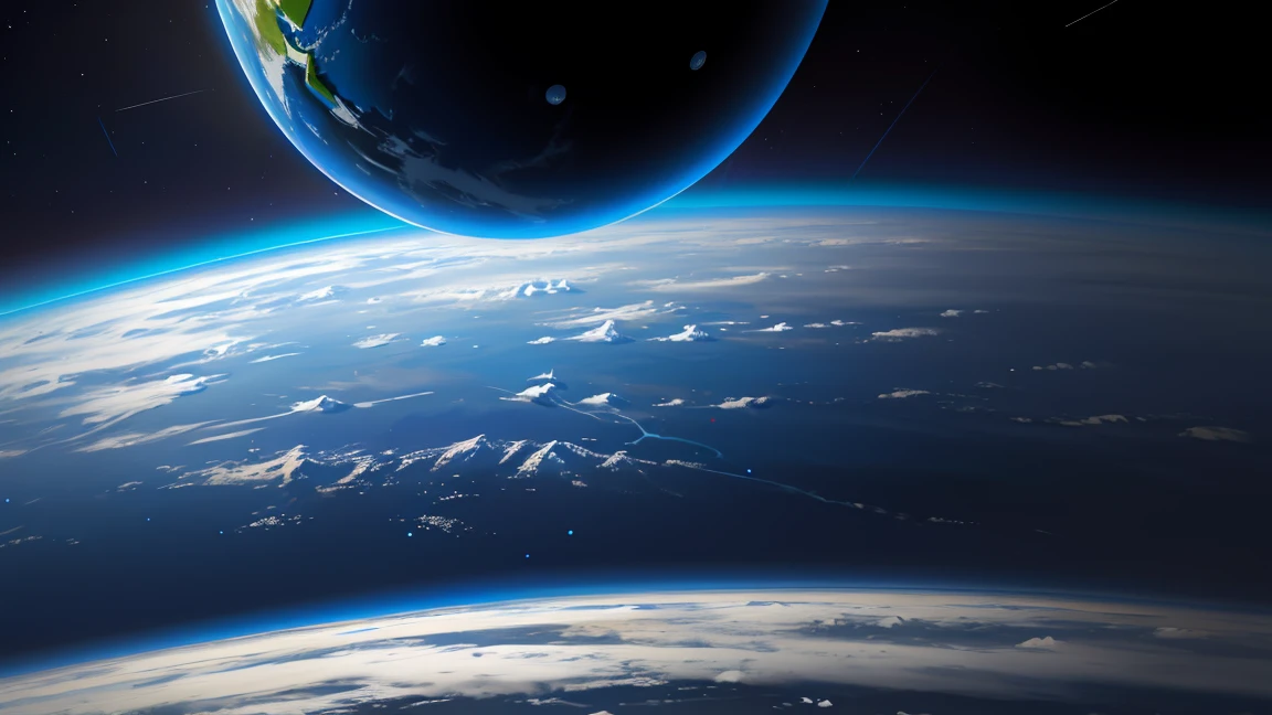 close-up view of the Earth from space, covered in ice, Earth is depicted as a sphere, with a blue atmosphere surrounding it, background is a dark blue space with scattered stars, the earth spinning slowly