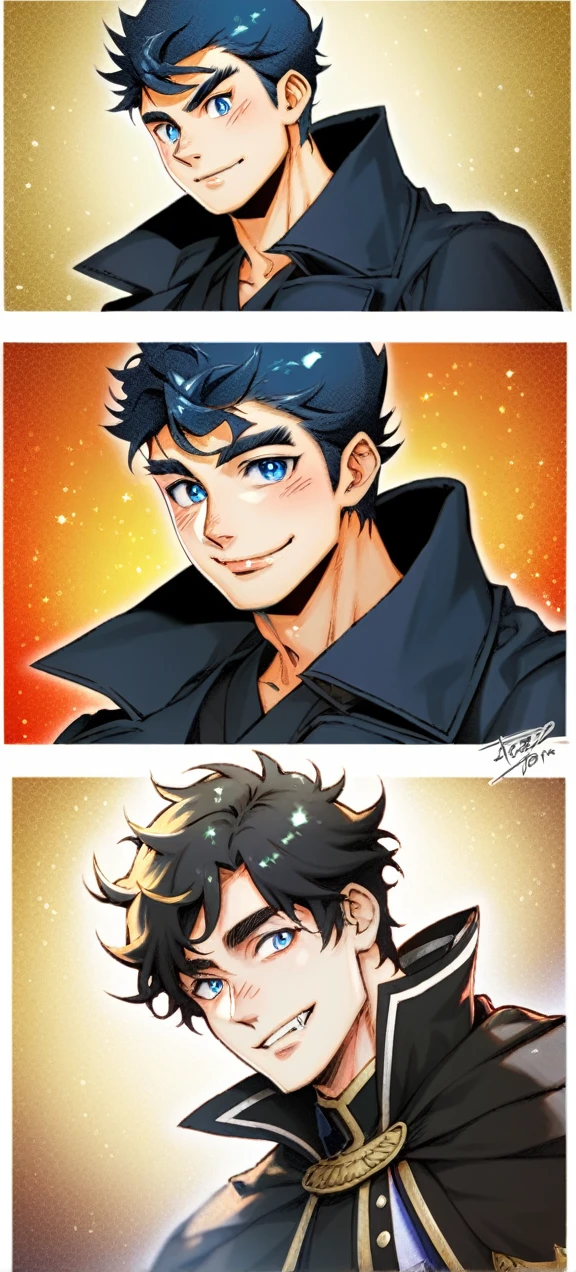 A quiet and charming young man, 30 years old, smile, gag, Portrait, Highly detailed face, 寒さとsmile, ((ดวงblue eyes)), ((black short hair)), [Thick eyebrows], ((black long coat)), ((all black)), (ดวงblue eyes) ,Short Black Quiff Hair with Soft Fringe, handsome , muscle, Facial expressions, Black Knight Armor (Plain black armor) , black fur shawl(Masterpiece,best quality,special, (Broad shoulders)) (muscle), male focus, Hand Held Weapons (Crescent repeater),Lipo,Fang Tian Hua Ji,High quality, สมจริงเป็นspecial,nonsense, height, Very detailed, HDR, Masterpiece, ใบหน้าและดวงตาที่มีรายVery detailed, dark armor, alone, ,man, handsome,, blue eyes , Villain&#39;s expression, black splash effect, dark black lightning effect,glowing glitter , symmetrical , Black Aura, strong full body view ,Fantasy Knight, Fantasy Warrior, Fantasy Knight, Fantasy Warrior in full armor , attack posture. , Details of his repeater, Characteristics and characteristics of monsters, and convey the tension and power of the encounter.."