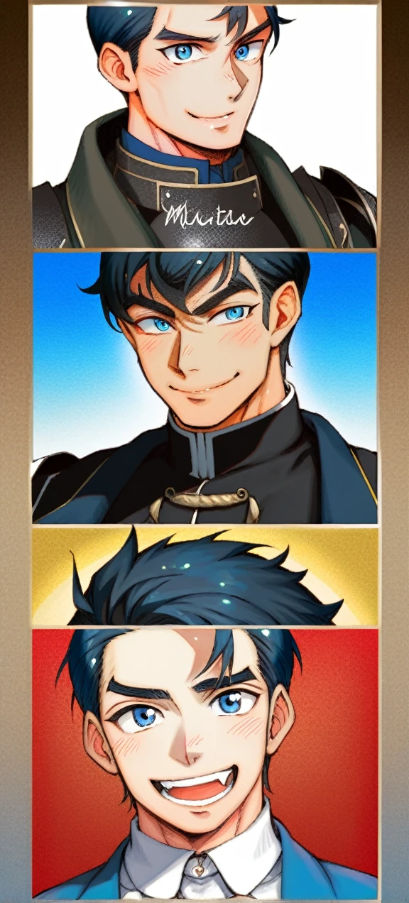 A quiet and charming young man, 30 years old, smile, gag, Portrait, Highly detailed face, 寒さとsmile, ((ดวงblue eyes)), ((black short hair)), [Thick eyebrows], ((black long coat)), ((all black)), (ดวงblue eyes) ,Short Black Quiff Hair with Soft Fringe, handsome , muscle, Facial expressions, Black Knight Armor (Plain black armor) , black fur shawl(Masterpiece,best quality,special, (Broad shoulders)) (muscle), male focus, Hand Held Weapons (Crescent repeater),Lipo,Fang Tian Hua Ji,High quality, สมจริงเป็นspecial,nonsense, height, Very detailed, HDR, Masterpiece, ใบหน้าและดวงตาที่มีรายVery detailed, dark armor, alone, ,man, handsome,, blue eyes , Villain&#39;s expression, black splash effect, dark black lightning effect,glowing glitter , symmetrical , Black Aura, strong full body view ,Fantasy Knight, Fantasy Warrior, Fantasy Knight, Fantasy Warrior in full armor , attack posture. , Details of his repeater, Characteristics and characteristics of monsters, and convey the tension and power of the encounter.."