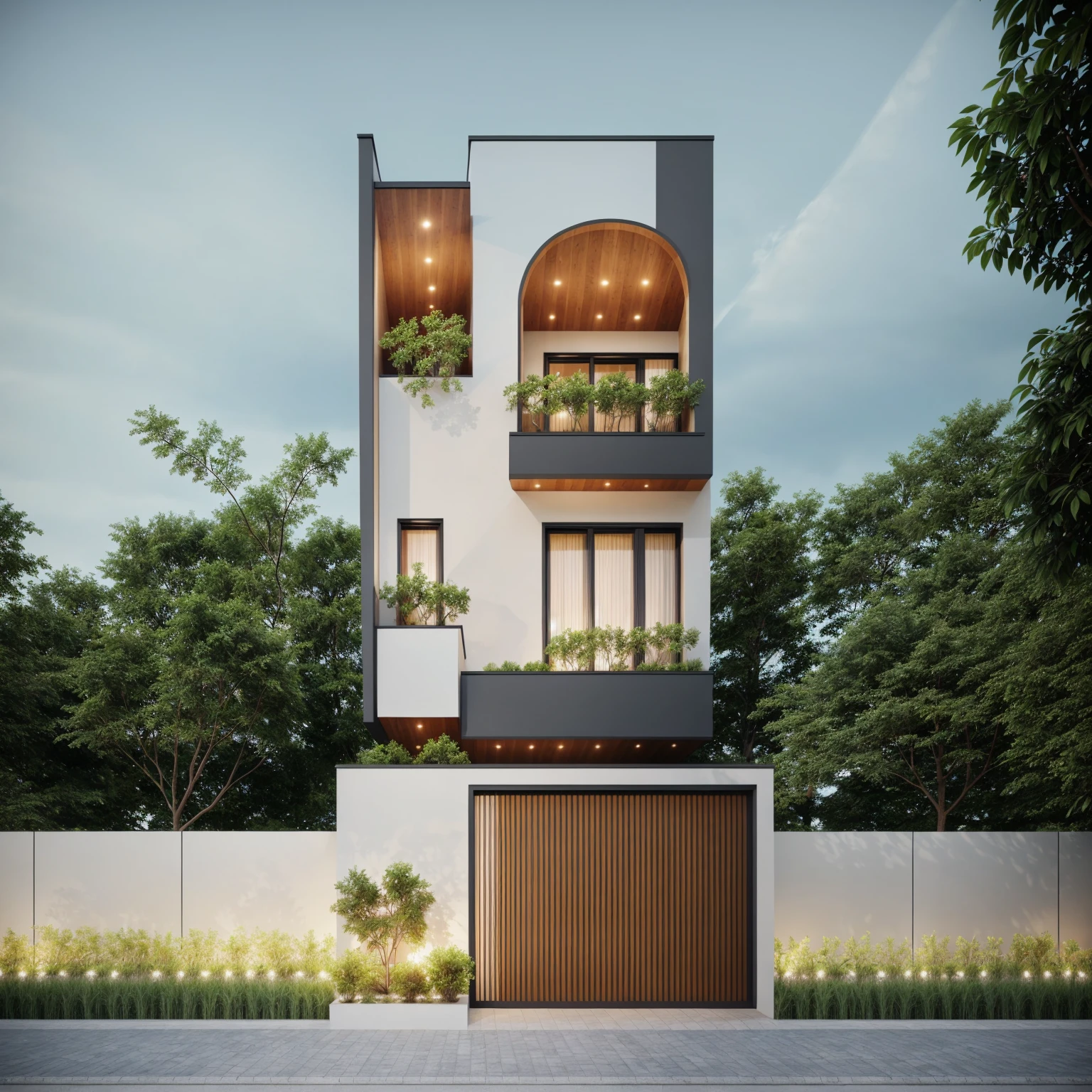 1 morden architect, main material by white wall and wood, 1large yard, 1 road runs in front of the house, (RAW photo, real, best quality, masterpiece:1.2), look morden minimalist, 1 road in front of the house, dynamic lighting:1.3, (hyper realistic, photo-realistic:1.2), high quality, (dark lighting:1.2), perfect lighting, archdaily, no human