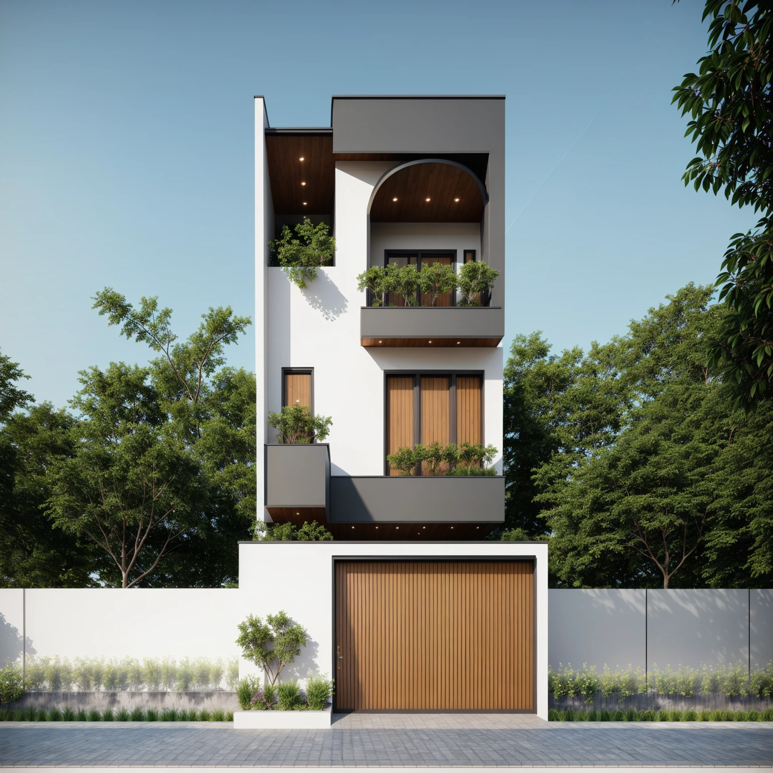 1 morden architect, main material by white wall and wood, 1large yard, 1 road runs in front of the house, (RAW photo, real, best quality, masterpiece:1.2), look morden minimalist, 1 road in front of the house, dynamic lighting:1.3, (hyper realistic, photo-realistic:1.2), high quality, (dark lighting:1.2), perfect lighting, archdaily, no human