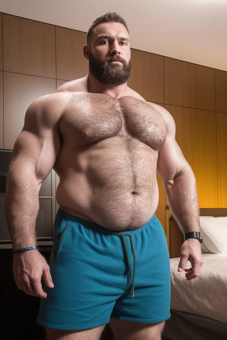 8K HDR Very Extremely Realistic Very Detailed High Quality 8K HDR Very Realistic 46 year old daddy rugged bodybuilder muscle bears man, 8KHDR very realistic beared big daddy muscle bear, 8KHDR very realistic detailed rugged burly man in shorts, 8KHDR very realistic hair, 8KHDR very realistic beards, 8KHDR very realistic thick neck, 8KHDR very realistic neck lines, 8KHDR very realistic detailed neck, 8KHDR very realistic belly, 8KHDR very realistic burly chest, 8KHDR very realistic detailed hairy burly strong chest and arms, 8KHDR very realistic detailed hairy burly strong chest and arms, 8KHDR very realistic burly muscle bear body, 8KHDR very realistic nipples, 8KHDR very realistic burly muscle bear body, 8KHDR very realistic face, 8KHDR very realistic detailed face, 8KHDR very realistic eyes, 8KHDR very realistic detailed eyes, 8KHDR very realistic pupils, 8KHDR very realistic detailed pupils, 8KHDR very realistic head, 8KHDR very realistic waist, 8KHDR very realistic facial features, 8KHDR very realistic burly arms, 8KHDR very realistic elbows, 8KHDR very realistic hands, 8KHDR very realistic pecs, 8KHDR very realistic belly, 8KHDR very realistic human man body, 8K HDR very realistic bellybutton, 8KHDR very realistic wrists, 8KHDR very realistic fingers, 8KHDR very realistic fingernails, 8KHDR very realistic shoulders, 8KHDR very realistic mouth, 8KHDR very realistic lips, 8KHDR very realistic mens clothing, 8KHDR very realistic detailed mens clothing. 8KHDR Very Realistic Hairy Bearded Burly Muscle bear Photoshoot,  8KHDR Very Realistic Ultra-detailed, 8KHDR very realistic detailed bedroom surroundings, 8KHDR very realistic surroundings lighting, No Deformities, An ultra-realistic photograph captured with a Sony α7 III camera, equipped with an 85mm lens in F 1.2 aperture, The cutting-edge Midjourney v5, ( best quality, highres, realistic:1.37), Super real detailed skin, Ultra-detailed, Photorealistic 1.4, hyper photorealism, 8K HDR Clear HDR Quality, 