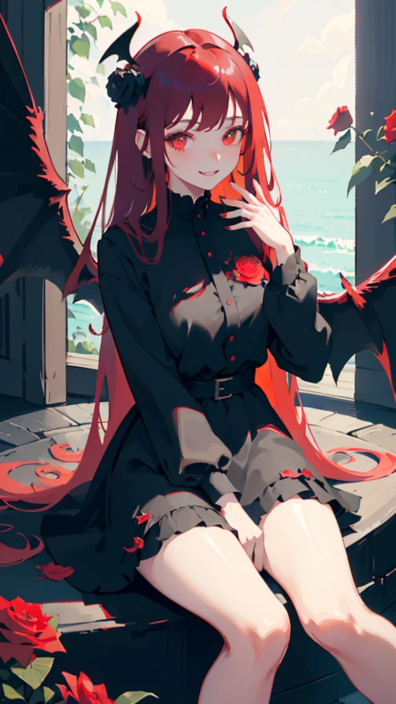 1girl, flower, solo, long hair, black wings, red hair, black flower, sitting, red flower, devil, water, rose, long sleeves, red flower, dress, devil horn, devil wings, feathered wings, mean smile, bangs, black dress, plant