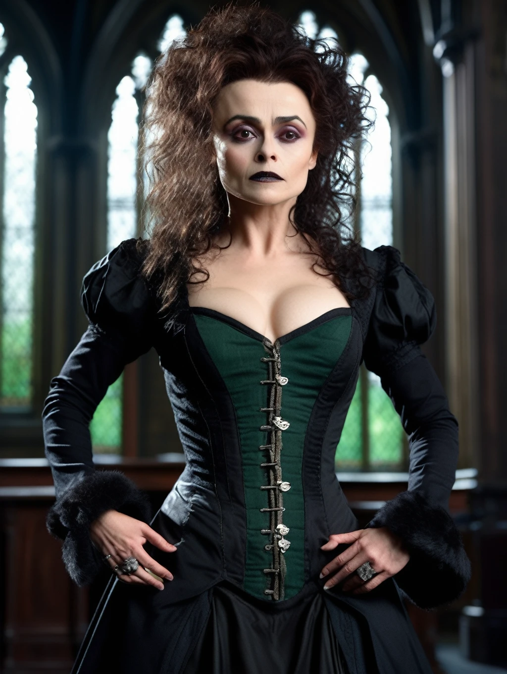 nsfw masterpiece, full view ( Helena Bonham Carter at age 20 as Bellatrix Lestrange), in an intimate Slytherin uniform, detailed, full-length shot, very detailed face, Hogwarts Library in the background, Bellatrix Lestrange (realistic, professional photo:1.1), HBCarter, detailed hair, detailed eyes, pretty face, elaborate black dress, revealing clothing, exposed breasts, legs apart revealing underwear, dominatrix, strict sassy pose, hands closed into fists, sensual masterpiece, 8k, hi-res, award winning, (highest quailty:1.5), erotic girl, hogwarts, erotic sensual seductive pose, (8K, UHD, DSLR, High Quality, Cinematic Lighting, Bokeh), (Dramatic, Award-Winning Photography, Incredible Masterpiece: 1.3), 16k, Ultra High Resolution.Photorealistic, UHD, RAW