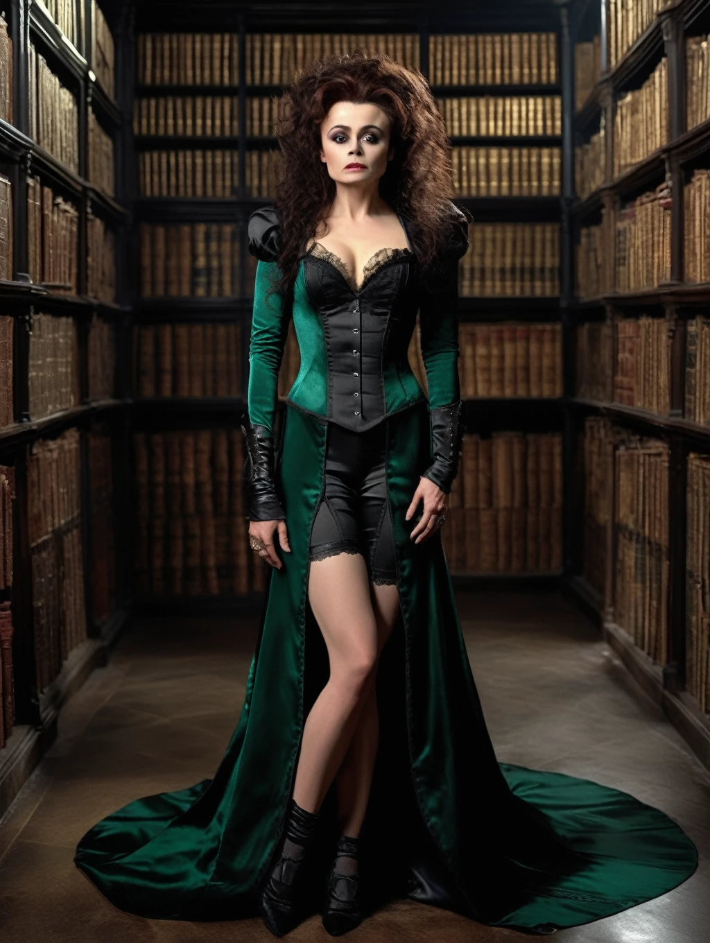 nsfw masterpiece, full view ( Helena Bonham Carter at age 20 as Bellatrix Lestrange), in an intimate Slytherin uniform, detailed, full-length shot, very detailed face, Hogwarts Library in the background, Bellatrix Lestrange (realistic, professional photo:1.1), HBCarter, detailed hair, detailed eyes, pretty face, elaborate black dress, revealing clothing, exposed breasts, legs apart revealing underwear, dominatrix, strict sassy pose, hands closed into fists, sensual masterpiece, 8k, hi-res, award winning, (highest quailty:1.5), erotic girl, hogwarts, erotic sensual seductive pose, (8K, UHD, DSLR, High Quality, Cinematic Lighting, Bokeh), (Dramatic, Award-Winning Photography, Incredible Masterpiece: 1.3), 16k, Ultra High Resolution.Photorealistic, UHD, RAW