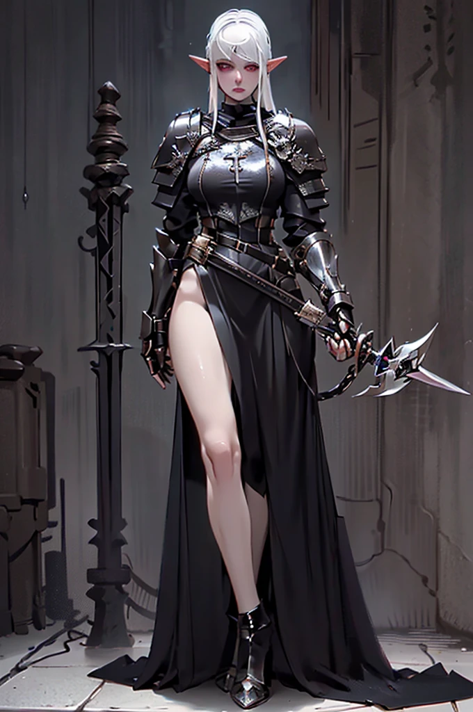 1 woman , elf, pale skin, silver hair, glowing golden eyes, muscule body, full body armor, full body, dungeon background, closed body by armor, hold a glaive and shield