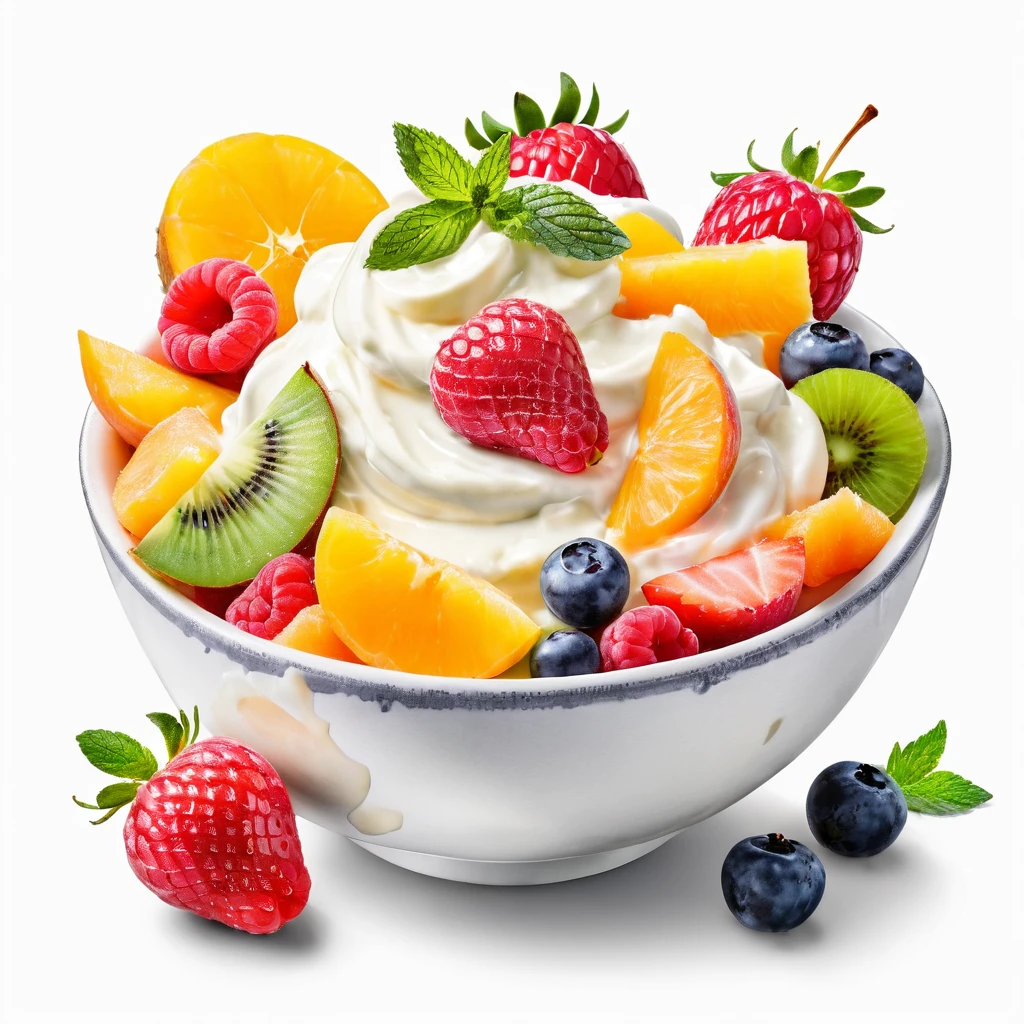 a bowl of delicious fruit salad with mayonnaise  and cream, ((watercolor)), solid white background, center composition, negative space around the object, washed out color, 8k, ultra high resolution