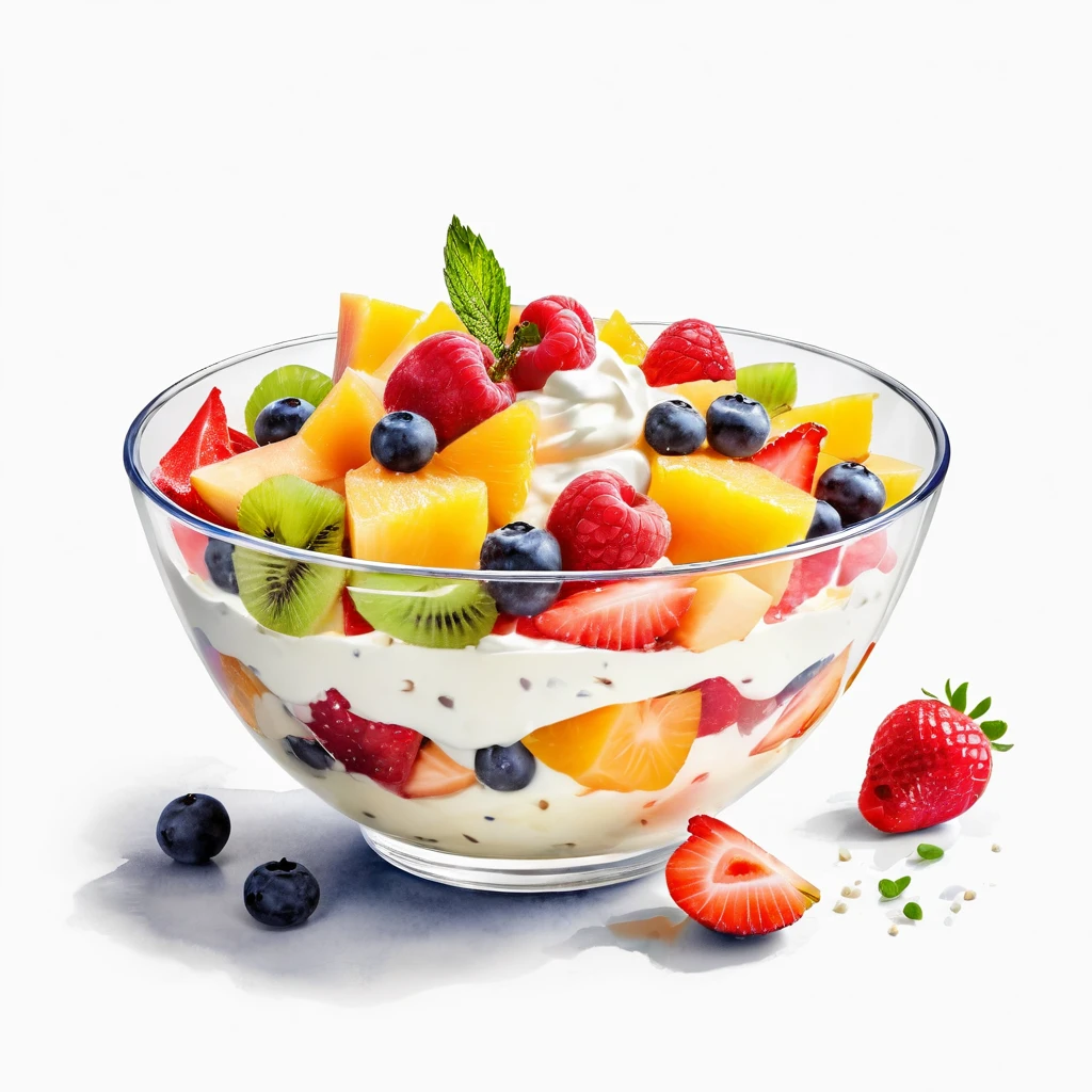 a bowl of delicious fruit salad with mayonnaise and cream, ((watercolor)), solid white background, center composition, negative space around the object, washed out color, 8k, ultra high resolution