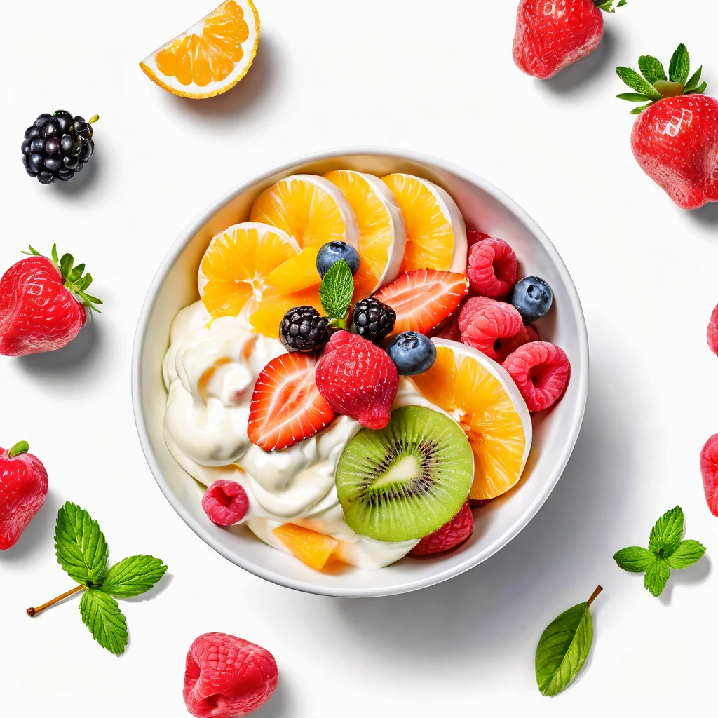 a bowl of delicious fruit salad with mayonnaise  and cream, ((watercolor)), solid white background, center composition, negative space around the object, washed out color, 8k, ultra high resolution