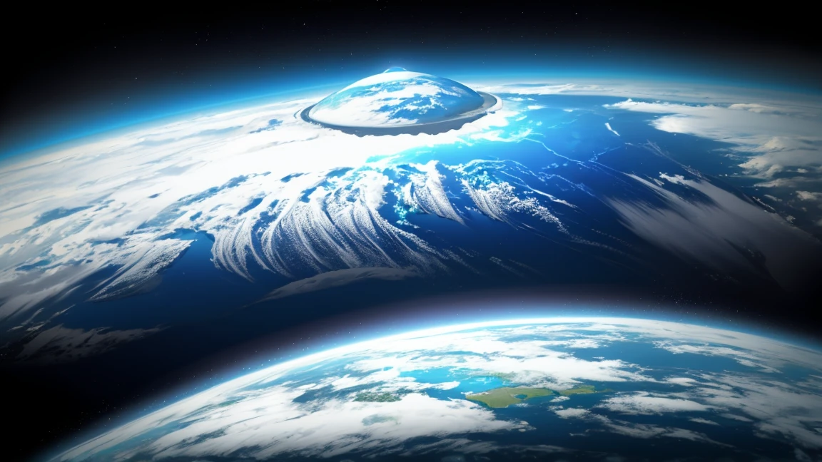 close-up view of the Earth from space, covered in ice,  Earth is depicted as a sphere, with a blue atmosphere surrounding it, background is a dark blue space with scattered stars, the earth spinning slowly