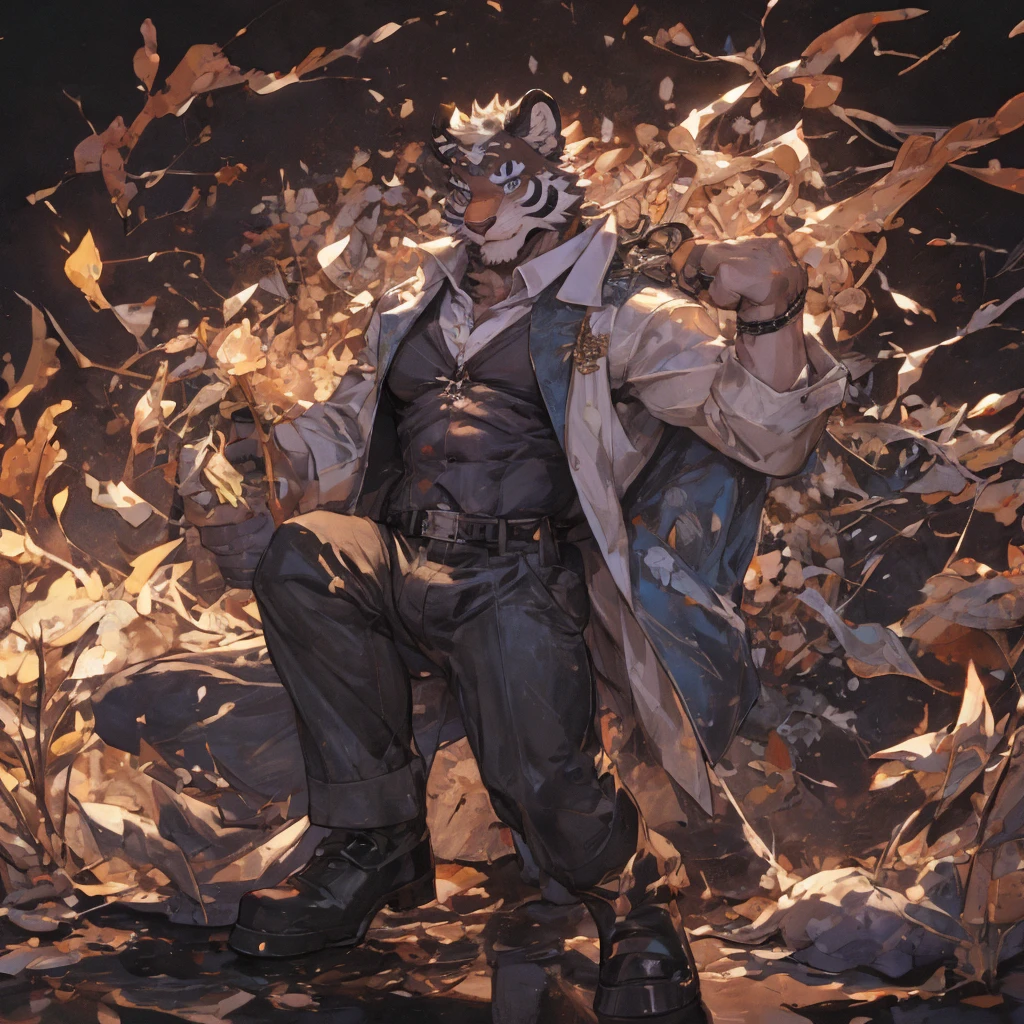 {{bara extremely handsome white tiger,}} {{white fur,}} white, wearing elegant ornate suit jacket, trousers, white dress shirt and necktie, white fluffy furry body and limbs, loafers, very tall, very broad shoulders, narrow waist, muscular arms, massive pecs, purple eyes, very long legs, massive bulge, sophisticated hot look, 3/4 view, best quality, high detail, CG image, character splash art, silver earring on left ear, sultry smirk