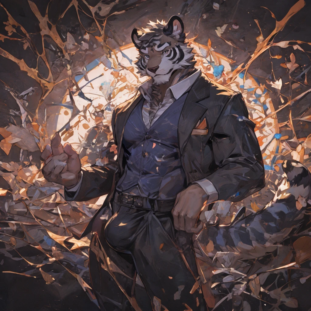 {{bara extremely handsome white tiger,}} {{white fur,}} white, wearing elegant ornate suit jacket, trousers, white dress shirt and necktie, white fluffy furry body and limbs, loafers, very tall, very broad shoulders, narrow waist, muscular arms, massive pecs, purple eyes, very long legs, massive bulge, sophisticated hot look, 3/4 view, best quality, high detail, CG image, character splash art, silver earring on left ear, sultry smirk