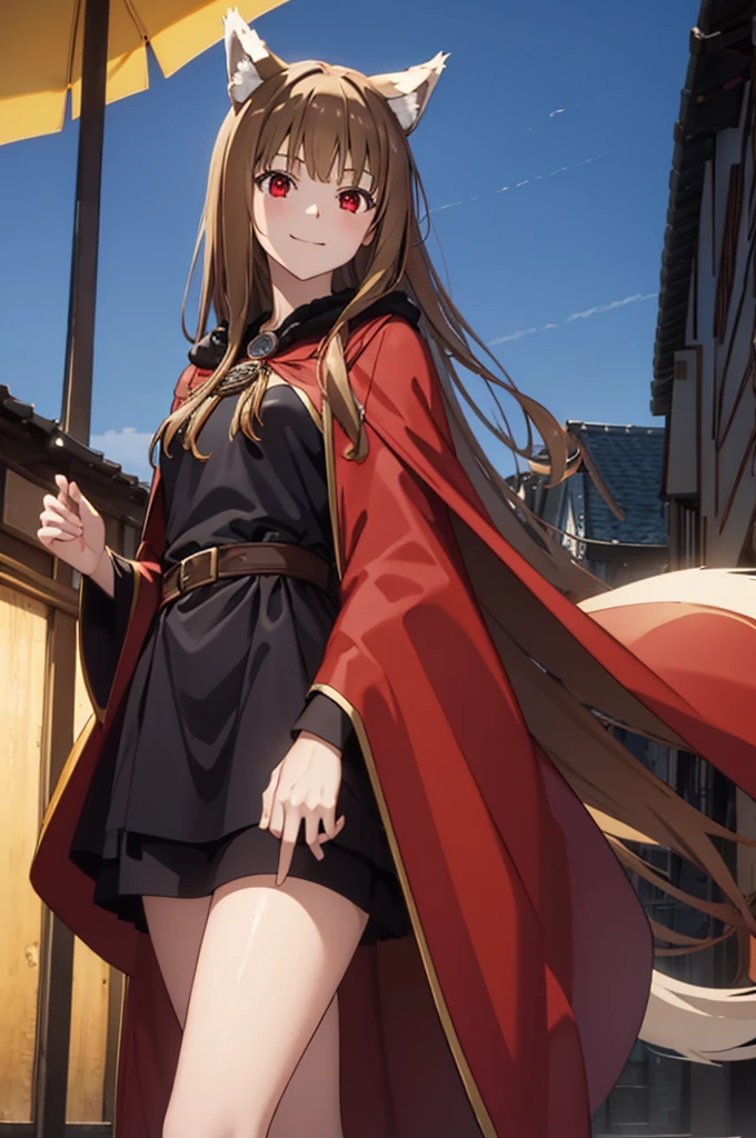 (masterpiece:1.3), (best quality:1.1), (8k, ultra detailed, ultra high res:1.2), ((anime style)), (perfect 5 fingers:1.1), perfect anatomy, 
1girl, wolf girl, 
holo, 
BREAK long hair, wolf ears, fuffy hair in the ears, 
brown hair, 
red eyes,  
small breasts,  
food, cape, cloak, 
smile, 
BREAK looking at viewer, 
cowboy shot, 
standing, 
perfect light, 
outdoor, outside, city, cityscape, (village:1.3), 