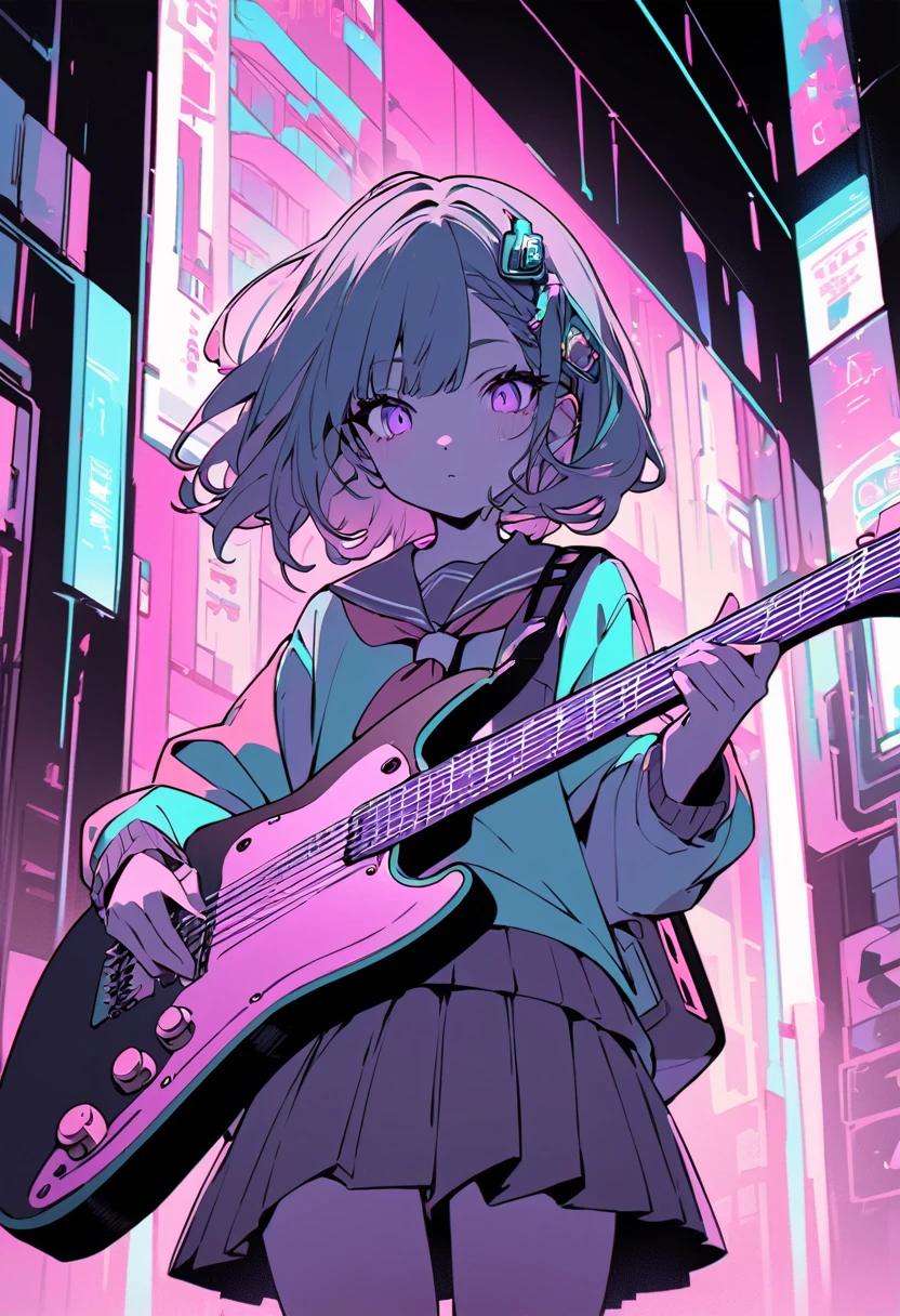 pastel flat color,(Ultra high-resolution,masterpiece, best quality, ultra-detailed representation) – A captivating portrait of a cyberpunk city , portrayed with breathtaking intricacy. (a tween in school-uniform) , effortlessly playing the (modified electric-guitar) on a lively cyber-Tokyo street. The depth of field adds a charming blur to the bustling background, while the full-body composition perfectly captures the adorable, determined expression on her face. The detail in her delicate features, coupled with the musical instrument, creates a unique fusion of cultures that is both enchanting and thought-provoking, meriting the title of a true masterpiece.