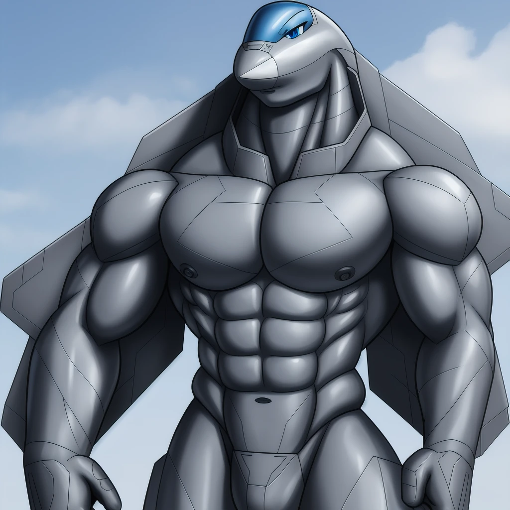 best quality, masterpiece, detailed, aeromorph, male, flat chest, abs, highres, blue eyes, giant fighter jet wings, grey body, alone