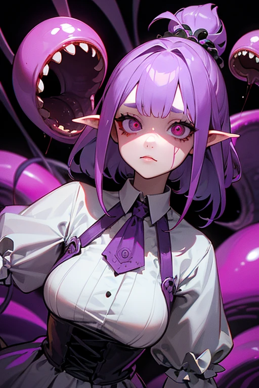 A Latin girl wearing a ta dress. Her face has a grotesque, twisted purple parasite that starts from her left eye and extends down her left cheek. The parasite has a slimy, tentacle-like texture. Her right eye is a vivid yellow. The left eye is entirely covered by the parasite, which has its own monstrous, bloodshot eye with a dilated pupil in the position of her left eye. The parasite's eye is large, with irregular veins and a pulsating, eerie glow.