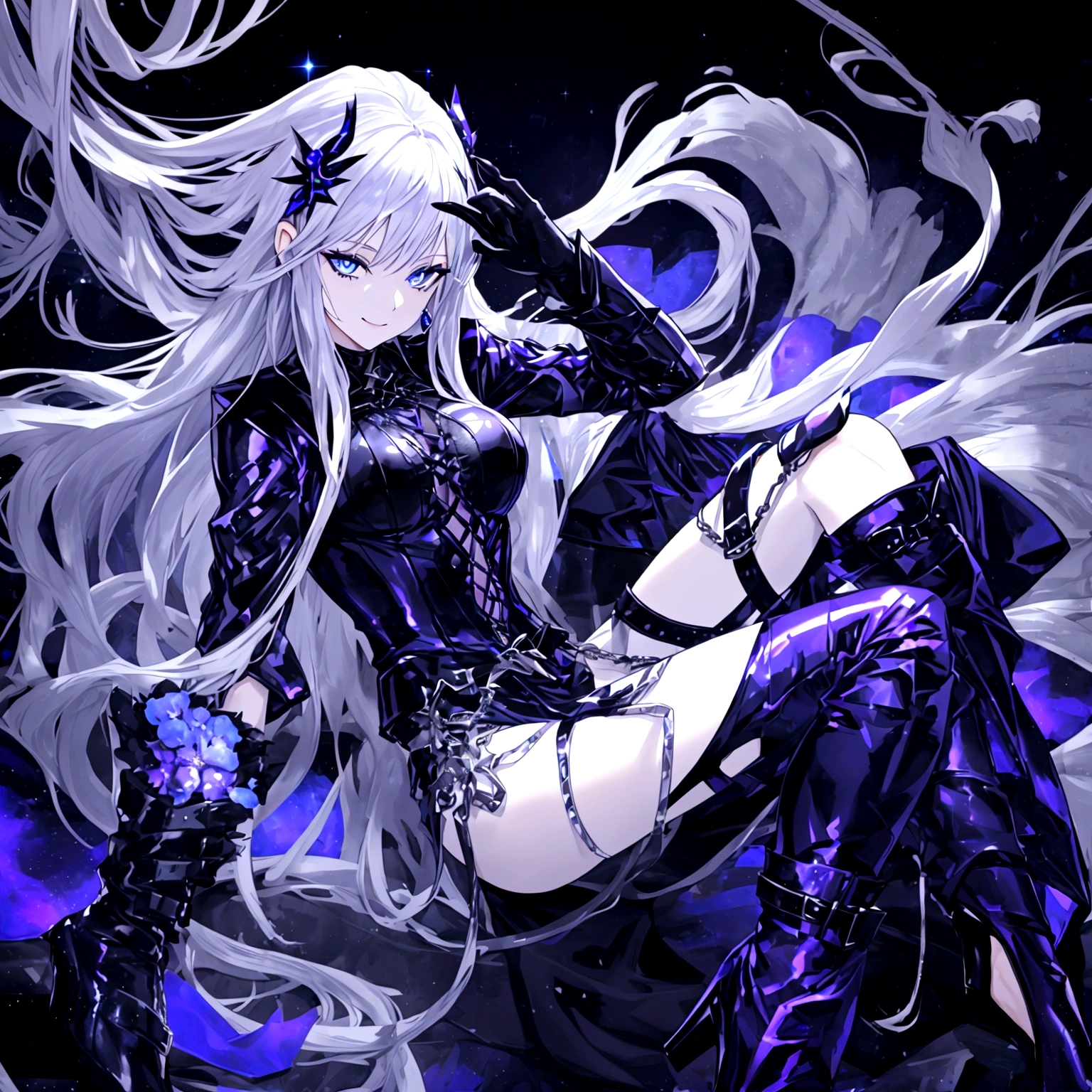 Guy, beautiful facial features, smile, squinted siren dark blue eyes without glare, silver and dark purple long loose hair with straight bang, fantasy black clothes with blue and purple elements, long black gloves, model, gorgeous, elegant, lots of silver jewelry, flowers in his hair, pants, leather high heel boots