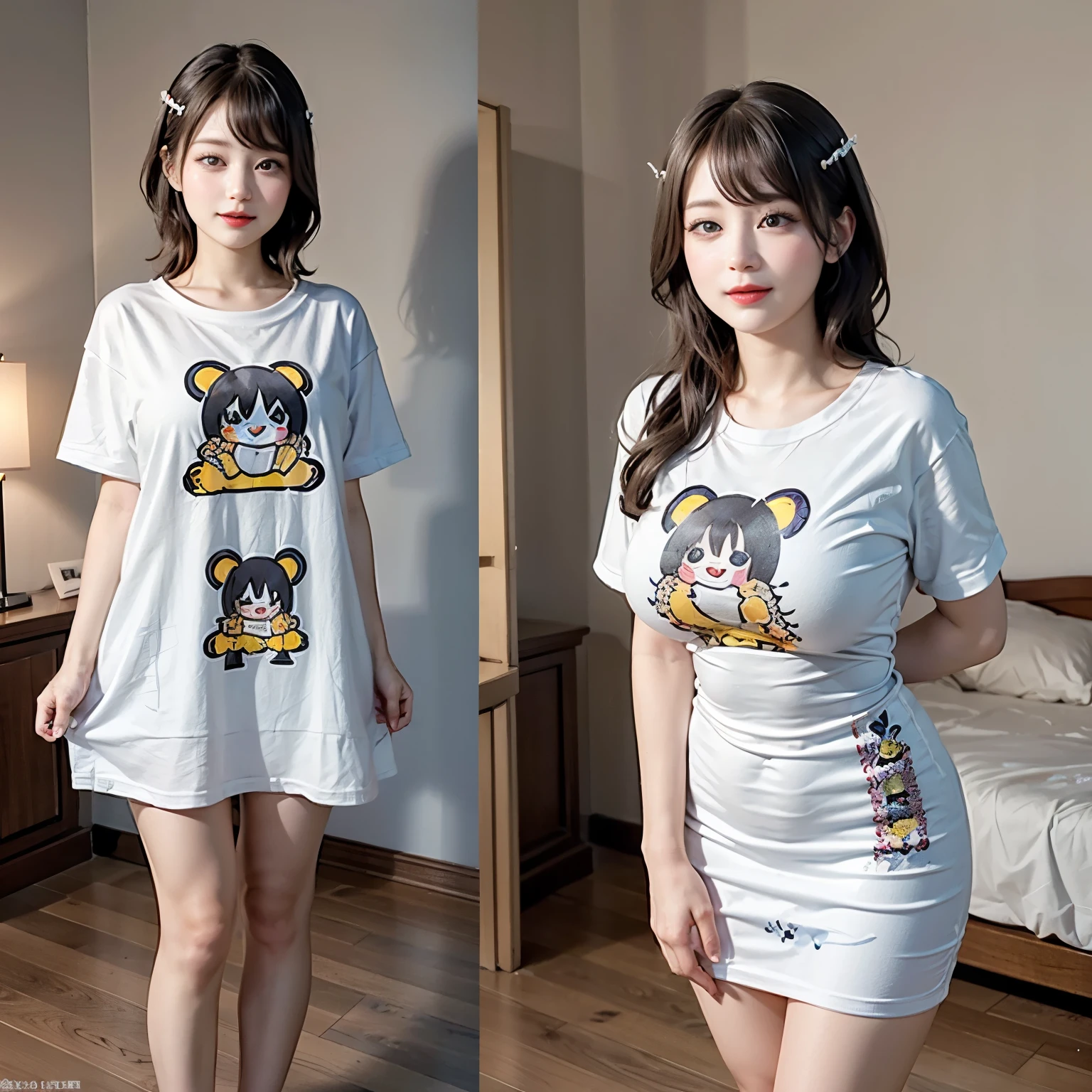 White and Bright Red, (Masterpiece 8K TopQuality:1.2) (ProfessionalPhoto:1.37) ExtremelyDetailed (((FullBody, KAWAII girl with HUGE boobs:1.37)) in ((WHITE cotton T-shirt dress:1.28) with (Life-Size her face printed on it:1.37)) detailed (Delicate cotton textures)) PerfectLighting (Studio Dark GRAY Background) with (Oodles of mystic Dazzling RainbowColor Particles:1.26)  BREAK  (((NOGIZAKA FaceVariations))), Extremely Detailed (very KAWAII Face), Childish CaptivatingGaze Stunning ParfectEyes ElaboratePupils with (SparklingHighlights:1.28), DoubleEyelids with (Detailed Voluminous LongEyelashes:0.88), Small GlossyRedLips with BeautifulDetails, CoquettishTongue, PUNIPUNI RosyCheeks, Radiant PearlSkin with Transparency, Glowing DowneyHair . { (Dynamic Joyful expressions LifeLike Rendering:1.4) | (:d) }, (large eyes:-1) . 