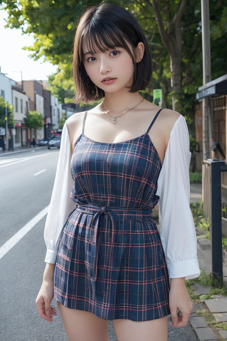 ((8K:1.27)、Highest quality、masterpiece、Ultra-high resolution:1.2)Beautiful Japanese Women Photos(fun:1.1) grayス、There are good ones、Gradient lighting、One Girl、Delicate skin、Look at this、Brown eyes、(Short hair with bangs:1.2)、 (((Show off your breasts:1.2))),(((Show off your breasts:1.2))),(((Show off your breasts:1.2))),(middle breast wheel:0.8)、(Realistic:1.4)、(Highest quality:1.0)、(Ultra-high resolution:1.0)、8K、Original photo、(masterpiece:0.2)、(Pure love face_v1:0.5)、 結び目のあるショルダーPlaidのドレス、Spaghetti Straps、Spaghetti Straps、Plaid、Super mini length、Multicolor、gray、No sleeve、Round neck、What can I do for you?、Staring at this、Omotesando in the morning、street tree、Stylish city views、theme、Tilt、Look at this、lol、Futomo、Slightly thicker、Big Ass、necklace、SLR、Morning light、The morning sun is dazzling、