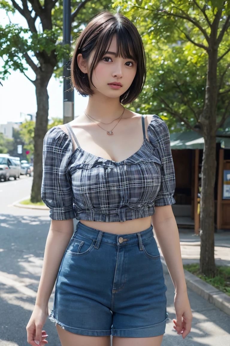 ((8K:1.27)、Highest quality、masterpiece、Ultra-high resolution:1.2)Beautiful Japanese Women Photos(fun:1.1) grayス、There are good ones、Gradient lighting、One Girl、Delicate skin、Look at this、Brown eyes、(Short hair with bangs:1.2)、 (((Show off your breasts：1.2))),(((Show off your breasts：1.2))),(((Show off your breasts：1.2)))，(middle breast wheel:0.8)、(Realistic:1.4)、(Highest quality:1.0)、(Ultra-high resolution:1.0)、8K、Original photo、(masterpiece:0.2)、(Pure love face_v1:0.5)、 結び目のあるショルダーPlaidのドレス、Spaghetti Straps、Spaghetti Straps、Plaid、Super mini length、Multicolor、gray、No sleeve、Round neck、What can I do for you?、Staring at this、Omotesando in the morning、street tree、Stylish city views、theme、Tilt、Look at this、lol、Futomo、Slightly thicker、Big Ass、necklace、SLR、Morning light、The morning sun is dazzling、