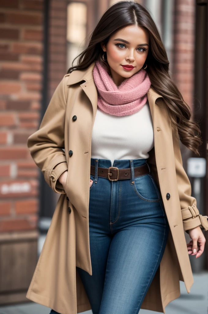 A Gorgeous, pretty, cheerful, sweet, charming, alluring, classy, stylish, flowing quite long brown haired russian woman with the cutest face, skin, soft make-up, red lipstick, she is wearing a belted black leather trench coat, skinny denim trousers, a beige sweater, black knee high boots, and a pink scarf. Curvy figure, rounded hips, thick thights.
