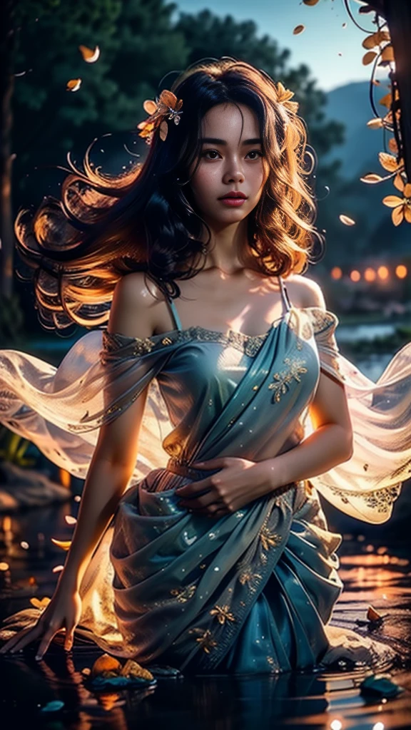 high quality fingers, normal hands, detailed fingers,masterpiece, (realistic, photo-realistic:1.37), (16 years old korean girl), in translucent blue saree, traslucent blue bra, a big flower on her hair, mountains, lake, trees, clouds, medium breast, small waist, dark black hair, beautiful face, perfect illumination, beautiful detailed hazel eyes,looking at viewer, stunningly beautiful woman, detailed hairstyle, fantasy detailed background, detailed fantasy background, (sweat:1), falling petals, open hair, wind, fireflies, bathing in the lake, boat, swan,gorgeous digital art, very beautiful digital art, close up fantasy with water magic, beautiful fantasy art, beautiful digital painting, beautiful digital illustration, gorgeous digital painting