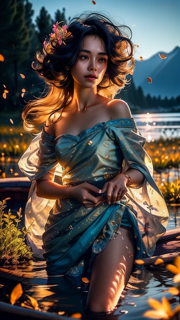 high quality fingers, normal hands, detailed fingers,masterpiece, (realistic, photo-realistic:1.37), ( korean girl), in translucent blue saree, traslucent blue bra, a big flower on her hair, mountains, lake, trees, clouds, medium breast, small waist, dark black hair, beautiful face, perfect illumination, beautiful detailed hazel eyes,looking at viewer, stunningly beautiful woman, detailed hairstyle, fantasy detailed background, detailed fantasy background, (sweat:1), falling petals, open hair, wind, fireflies, bathing in the lake, boat, swan,gorgeous digital art, very beautiful digital art, close up fantasy with water magic, beautiful fantasy art, beautiful digital painting, beautiful digital illustration, gorgeous digital painting
