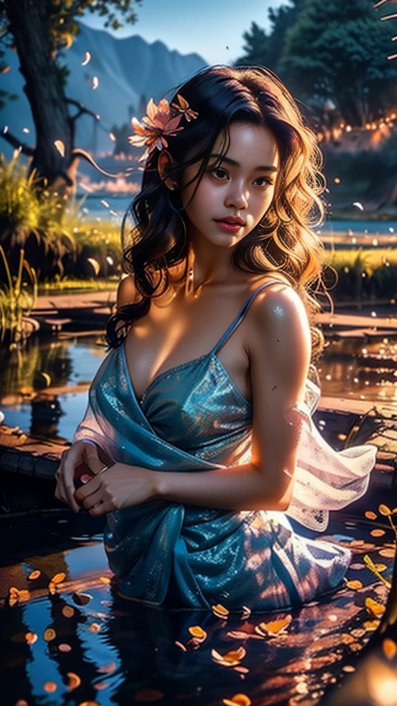 high quality fingers, normal hands, detailed fingers,masterpiece, (realistic, photo-realistic:1.37), (16 years old korean girl), in translucent blue saree, traslucent blue bra, a big flower on her hair, mountains, lake, trees, clouds, medium breast, small waist, dark black hair, beautiful face, perfect illumination, beautiful detailed hazel eyes,looking at viewer, stunningly beautiful woman, detailed hairstyle, fantasy detailed background, detailed fantasy background, (sweat:1), falling petals, open hair, wind, fireflies, bathing in the lake, boat, swan,gorgeous digital art, very beautiful digital art, close up fantasy with water magic, beautiful fantasy art, beautiful digital painting, beautiful digital illustration, gorgeous digital painting