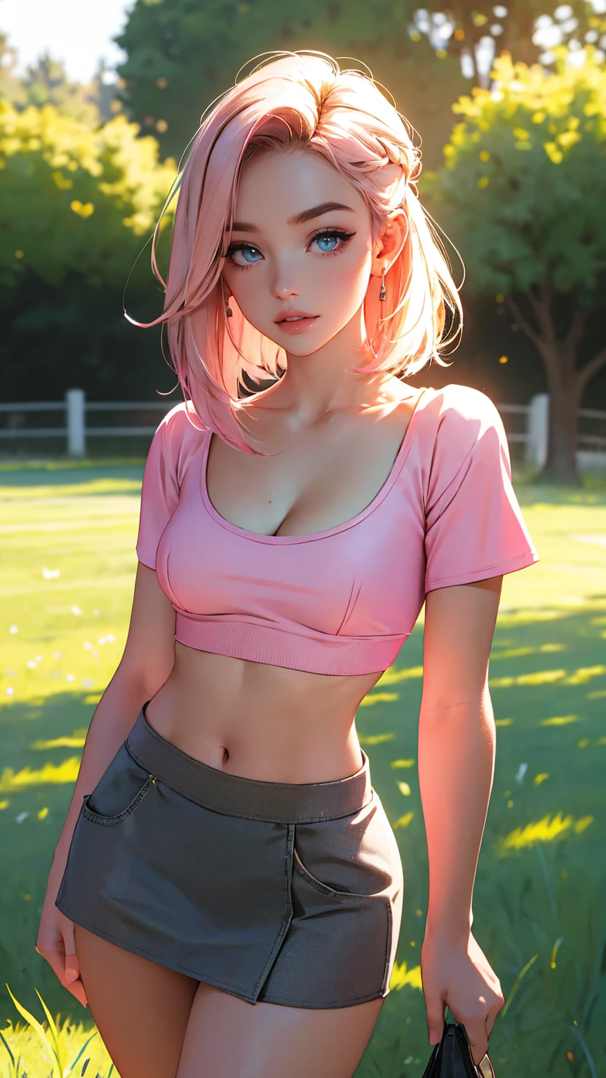 Highest Quality, ​masterpiece, beautifully detailed eyes,, short Blonde Hair, Gradient Hair, pink highlights in hair, large breasts, standing, makeup, glossy lips, full lips, (natural lighting), grass, small top, light smile, midriff, collarbone, thigh highs, miniskirt, cleavage, large breasts