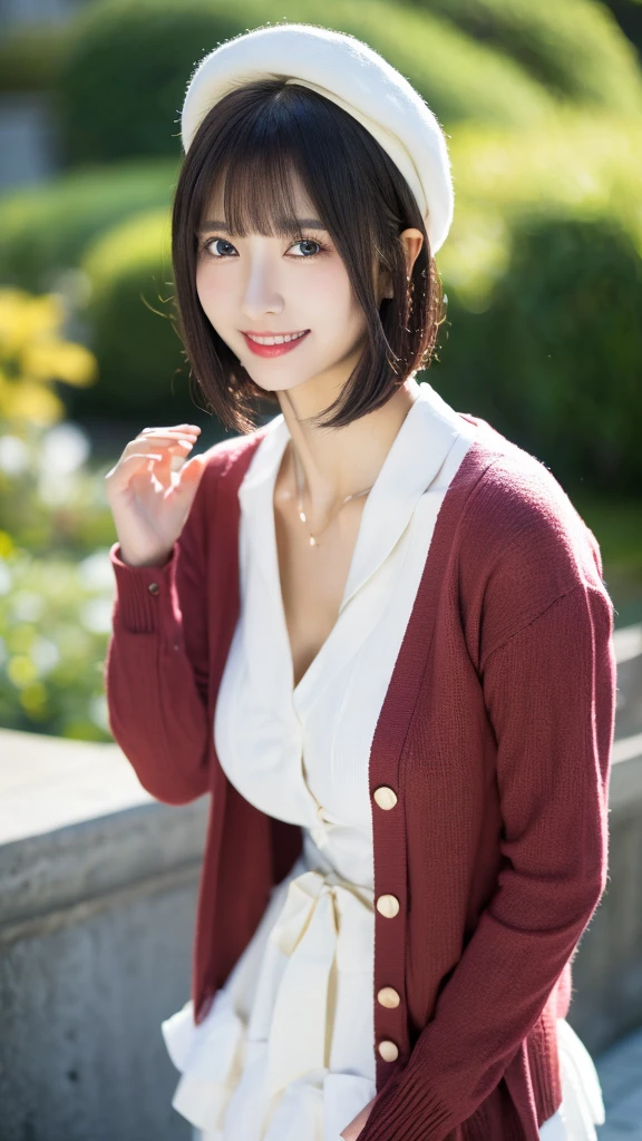 1 girl, national foundation, (hotel background), ((32k, raw, masterpiece: 1.5)), (Professional photography, sharp:1.2), Perfect dynamic composition, (Natural sun light), (soft shadow), (((voluptuous figure))), ((huge round breasts: 1.2)), (((((black short hair, blunt bangs, bob cut))))), Ultra-detailed faces and skin, perfect asian, White skin, (Delicate skin:1.4), (latex skin:0.4), (perfect glowing skin:0.6), light brown eyes, beautiful eyes, round eyes, pretty face, blush, glossy lips, glossy eyes, Perfectly proportioned face, Really moist skin, Refined expression, (((huge smile at the camera))), looking at camera, Refined expression, Elegant necklace, Elegant earrings, minimalist, kato megumi, solo, cosplay, white hat, frills thighhighs, dress, cardigan, skirt, long sleeves, blue neck ribbon, beret, headwear, open cardigan, red cardigan, frilled trim, loafers,
