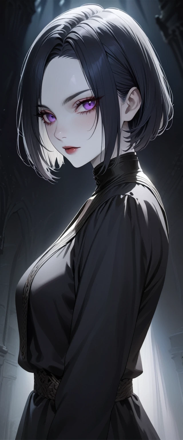 (high quality: 1.3), Lenses, masterpiece, (sharp focus: 1.5), (Realistic: 1.3), Medium Portrait (A beautiful young vampire woman, pale skin, Goethe, Still proud and fierce, Black straight bob short hair, dark appearance, Wearing a detailed dark tunic, dark atmosphere, But shape it with sharp contrasts of light and dark), It&#39;s night, (highly refined skin), (Detailed face),  Detailed Background, Dim Lights, Twilight Lighting, Volumetric lighting, Intricate details, Ultra high quality,